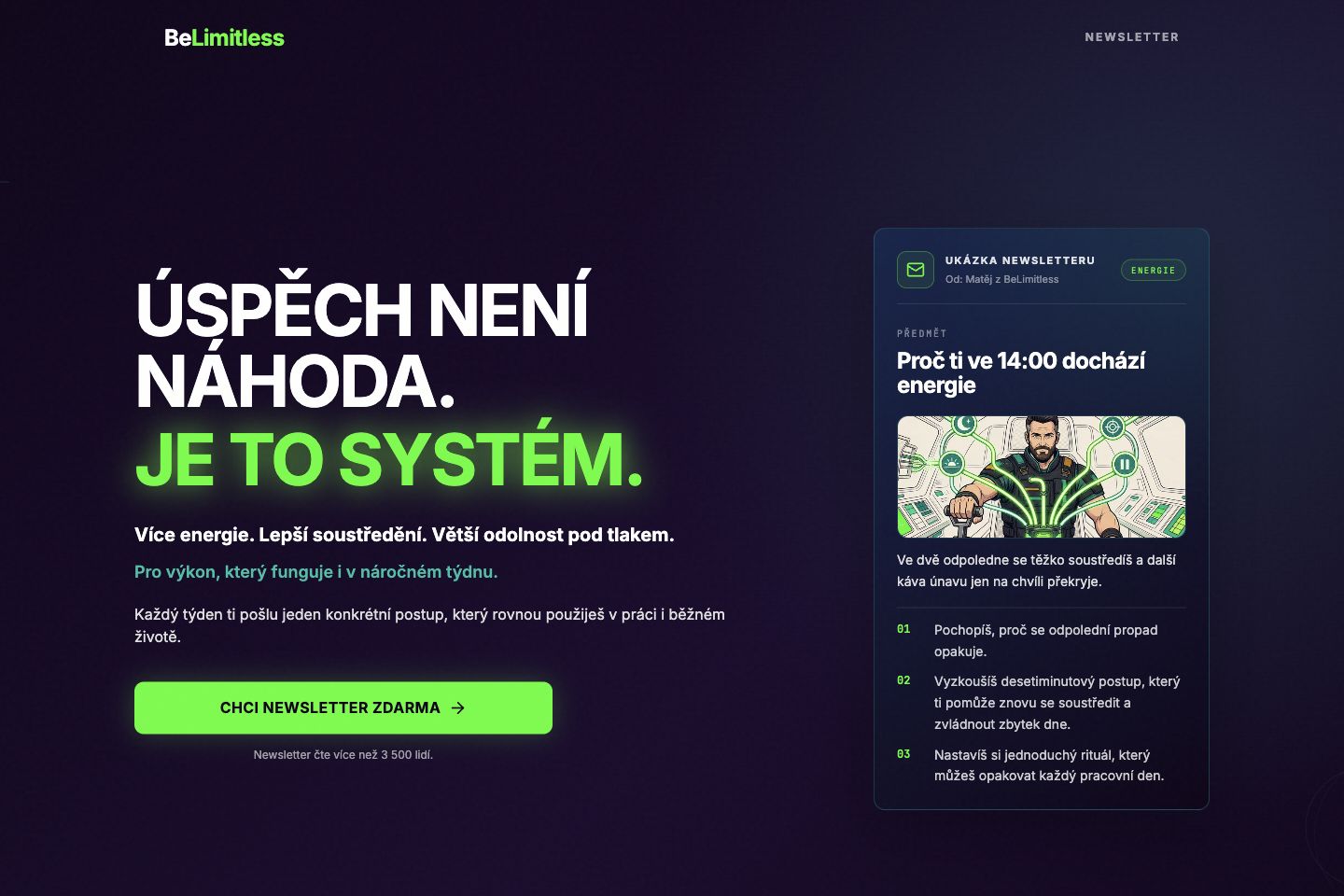 Aktuálny web BeLimitless s ukážkou newsletteru a výzvou na bezplatný odber