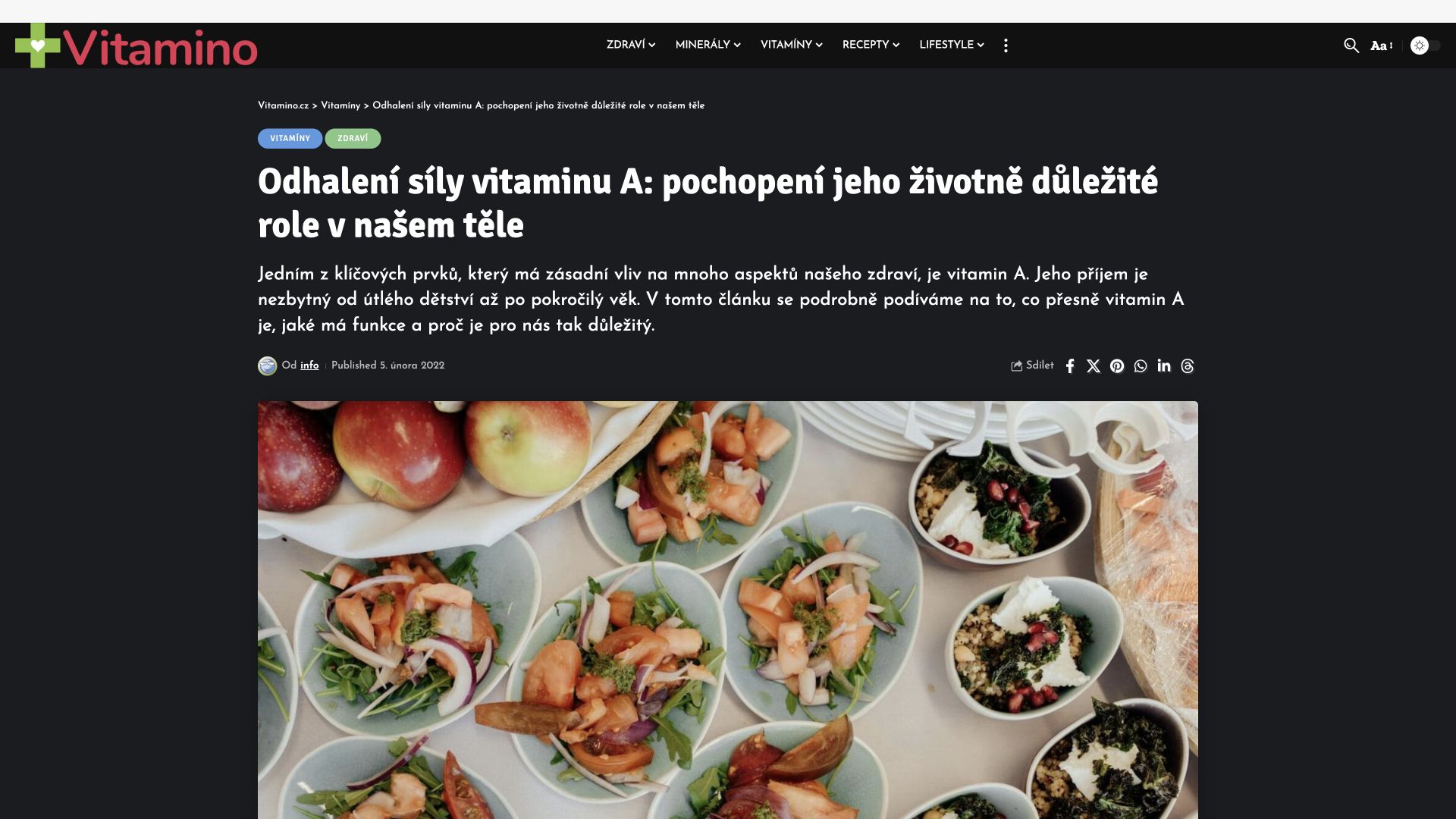 Detail článku magazínu Vitamino s tematickou navigáciou a fotografiou jedla